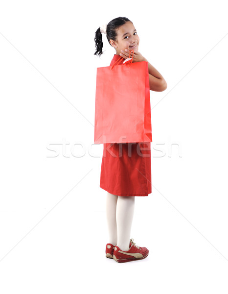 Adorable  preteen school  girl wearing red dress isolated, posing Stock photo © zurijeta