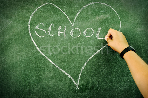 Child drawing and writing on board: heart and school Stock photo © zurijeta