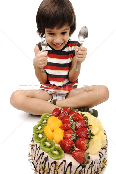 Kid eten fruitcake cake leuk jongen Stockfoto © zurijeta