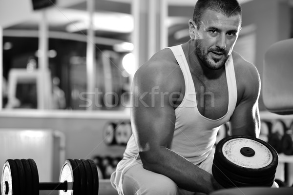 Athletic bodybuilder, execute exercise in sport gym hall Stock photo © zurijeta