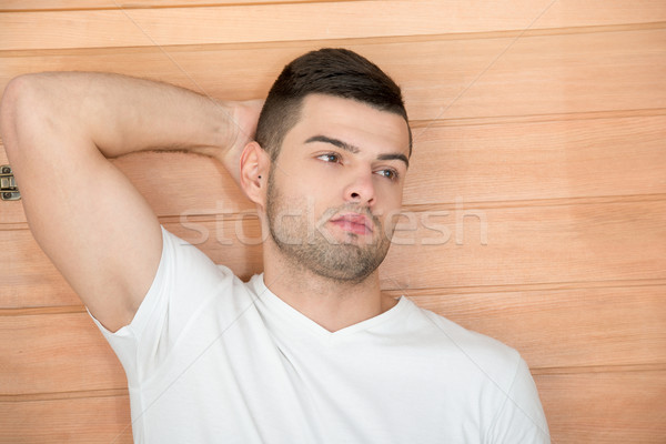 Stockfoto: Mannelijk · model · houten · knap · poseren · model · achtergrond