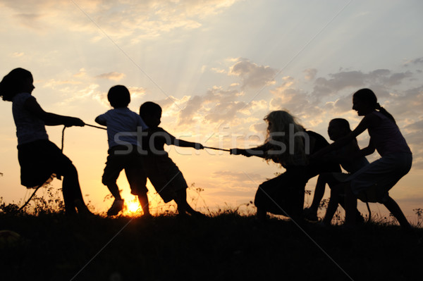 Stock photo: Silhouette, group of happy children playing on meadow, sunset, summertime