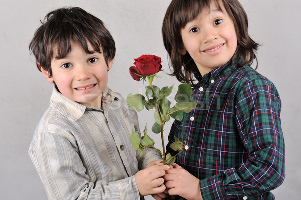 Kettő fiútestvérek tart piros rózsa mosoly szeretet Stock fotó © zurijeta