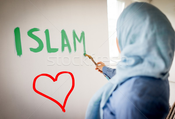 Arabic Muslim girl writing messages on board Stock photo © zurijeta
