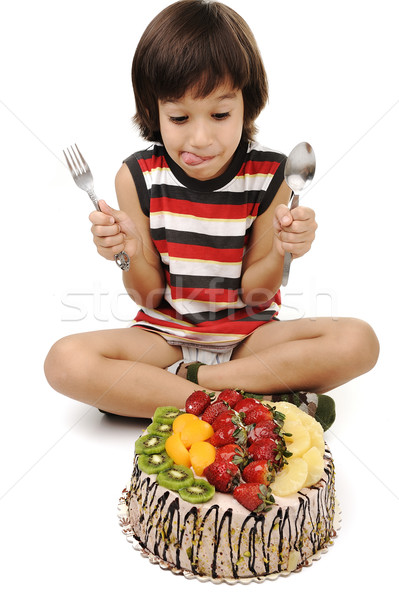 Kid eten fruitcake partij gelukkig vruchten Stockfoto © zurijeta