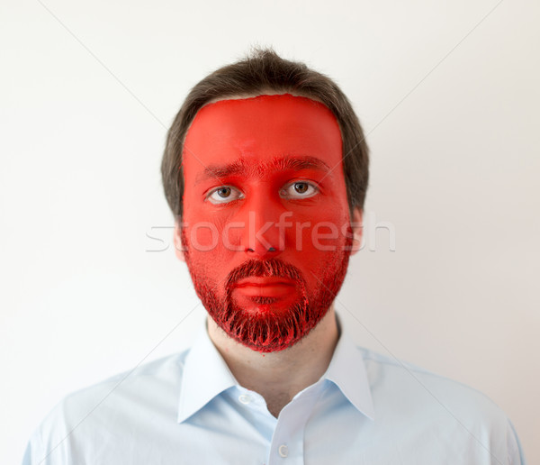 Stockfoto: Jonge · man · Rood · geschilderd · gezicht · exemplaar · ruimte · glimlach