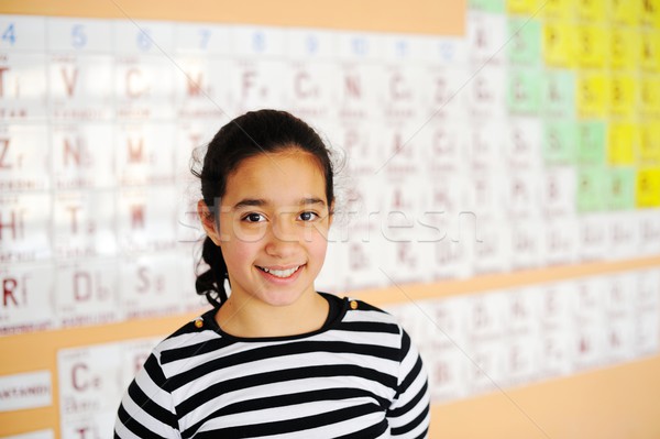 Cute lovely school children at class with periodic table of the  Stock photo © zurijeta