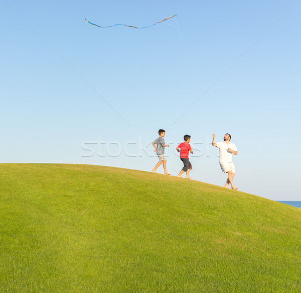 Stock photo: Running with kite on summer holiday vacation, perfect meadow and