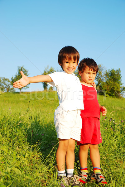 Little cute children on beautiful green field Stock photo © zurijeta