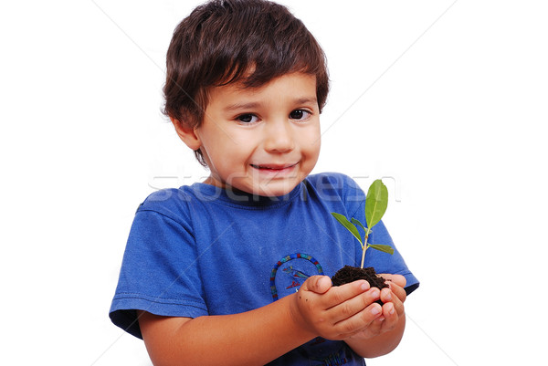 Little cute child holding green plant in hands Stock photo © zurijeta