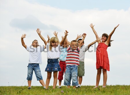 Foto stock: Feliz · crianças · verão · grama · prado · natureza