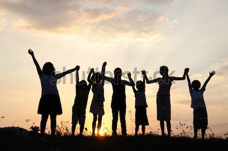 Silhouet groep gelukkig kinderen spelen weide Stockfoto © zurijeta
