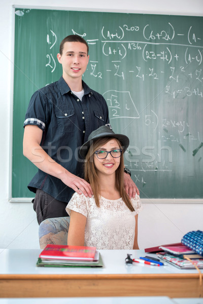 Foto stock: Aluna · sessão · professores · secretária · colega · em · pé