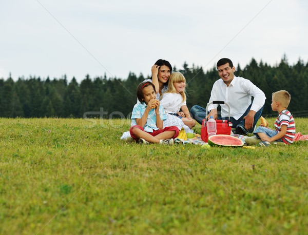 Family with children having picnic time on green meadow in natur Stock photo © zurijeta