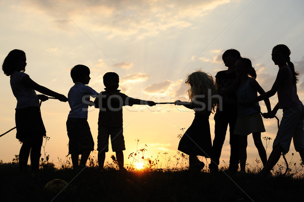 Silhouette, group of happy children playing on meadow, sunset, summertime Stock photo © zurijeta