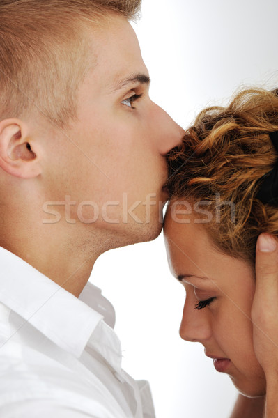 Foto stock: Retrato · feliz · casal · amor · namorado · beijando