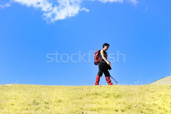 Hiker in mountains at grassland with sky above Stock photo © zurijeta