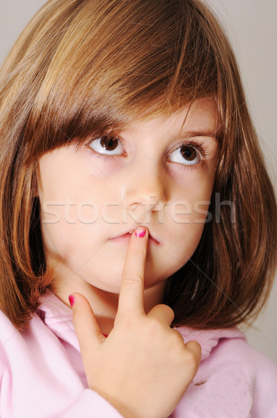 Gondolkodik zavaros lány kéz arc háttér Stock fotó © zurijeta