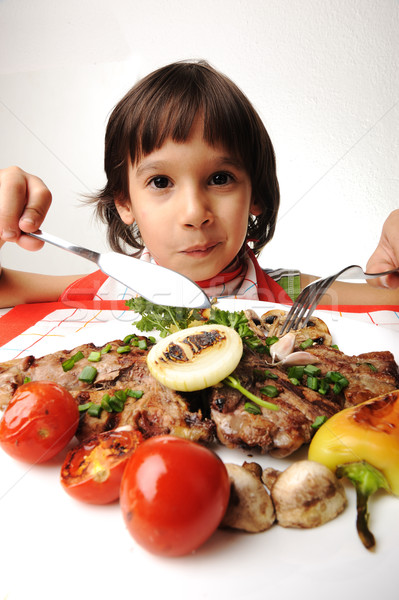 Foto stock: Cute · positivo · nino · tenedor · cuchillo · comer