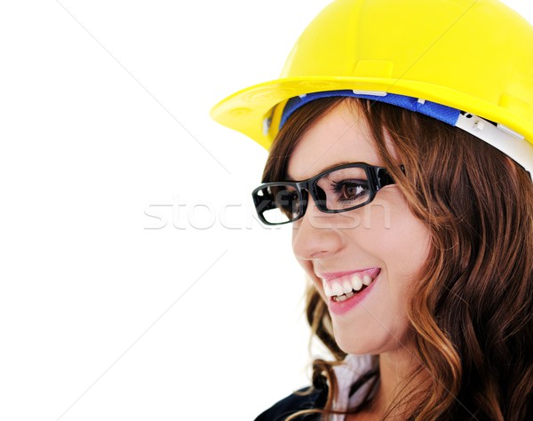 Head portrait of beautiful brunette woman with helmet and glasse Stock photo © zurijeta