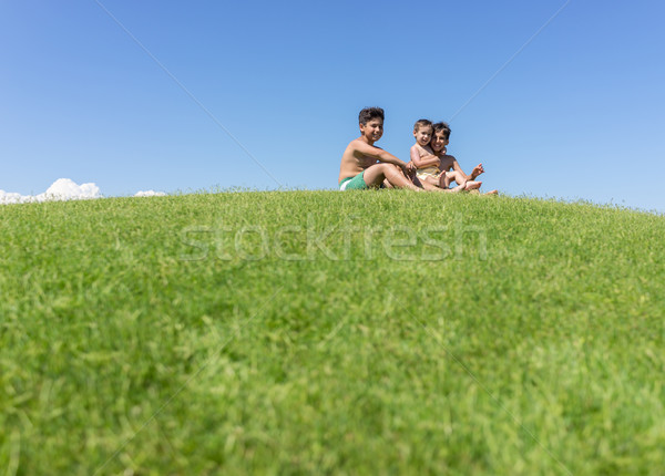 Fiútestvérek játszik fejjel lefelé zöld legelő család Stock fotó © zurijeta