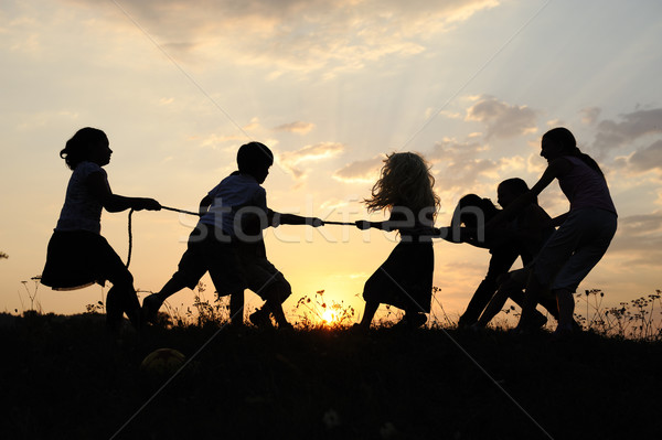 Stock fotó: Sziluett · csoport · boldog · gyerekek · játszik · legelő