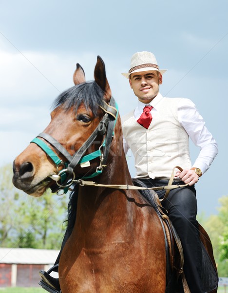 Young stylish man taking riding a horse on countryside Stock photo © zurijeta