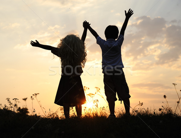 Stockfoto: Silhouet · groep · gelukkig · kinderen · spelen · weide