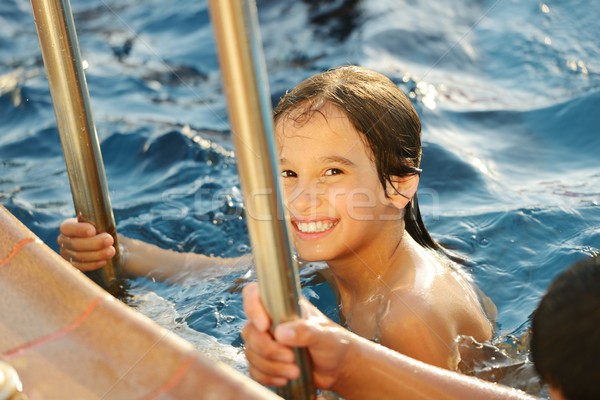 Stock photo: Children fun playing with water on summer pool