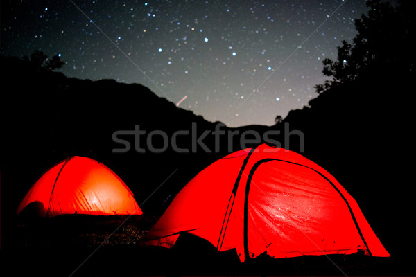 Milky way sky stars over mountain high tent camp Stock photo © zurijeta