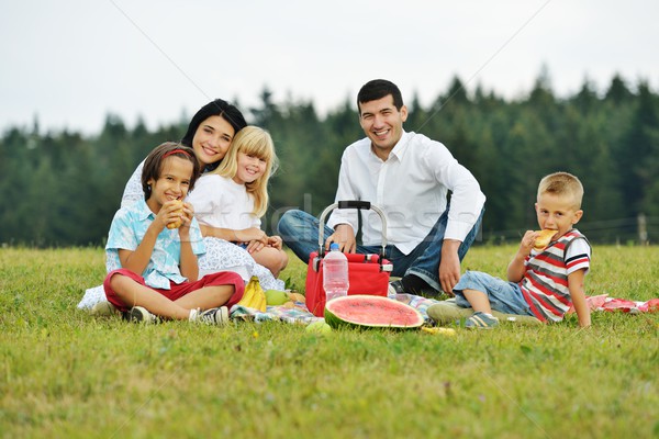 Family with children having picnic time on green meadow in natur Stock photo © zurijeta