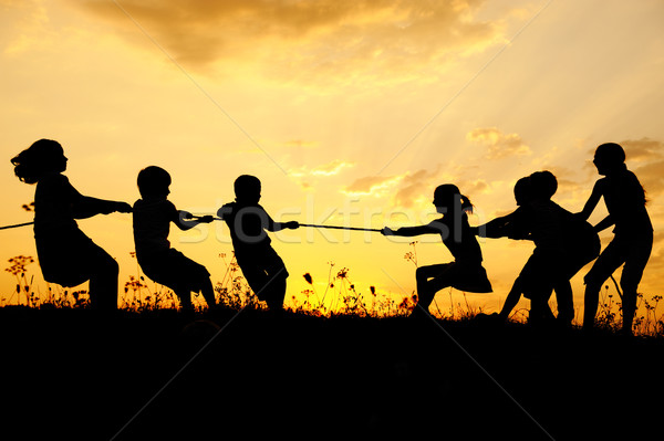 Silhouet groep gelukkig kinderen spelen weide Stockfoto © zurijeta