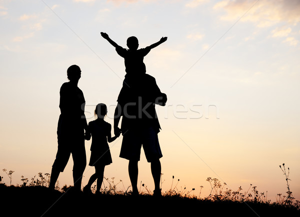 [[stock_photo]]: Silhouette · groupe · heureux · enfants · jouer · prairie