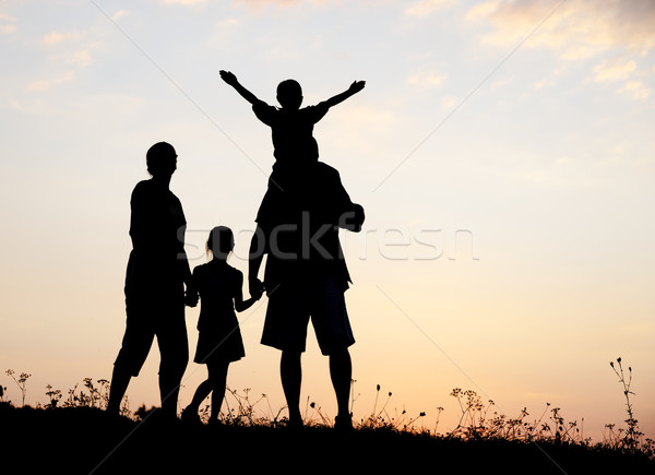 Foto stock: Silueta · grupo · feliz · ninos · jugando · pradera