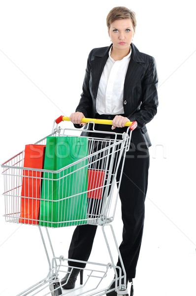 Foto stock: Mulher · jovem · carrinho · de · compras · isolado · papel · feliz · vermelho