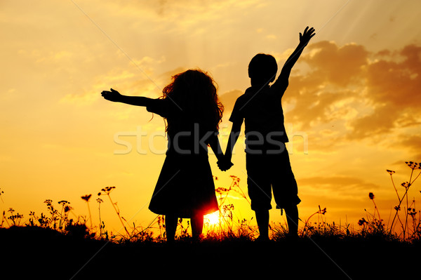 Stock photo: Silhouette, group of happy children playing on meadow, sunset, summertime