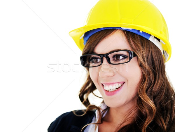 Head portrait of beautiful brunette woman with helmet and glasse Stock photo © zurijeta