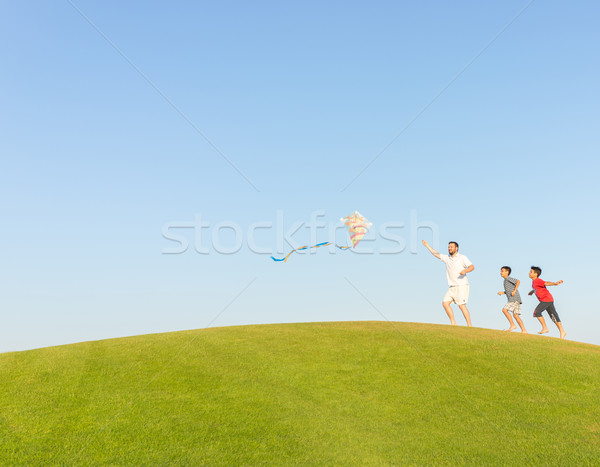 Stock photo: Running with kite on summer holiday vacation, perfect meadow and