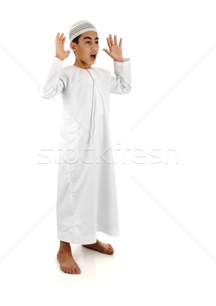 Islamic pray explanation full serie. Arabic child showing complete Muslim movements while praying, s Stock photo © zurijeta