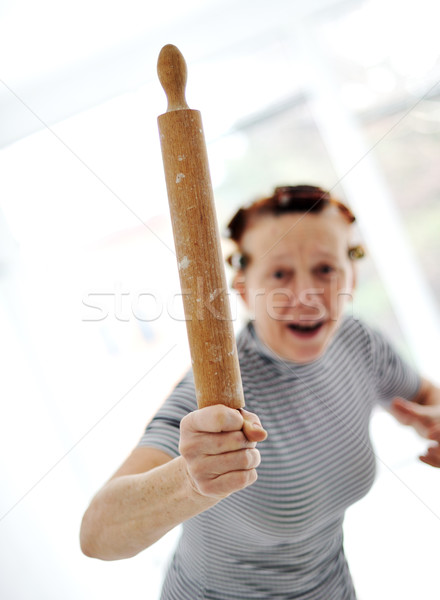 Foto stock: Enojado · mayor · mujer · rodillo · nina · cara