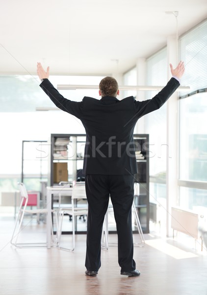 Successful businessman alone rising arms in excitement at office Stock photo © zurijeta