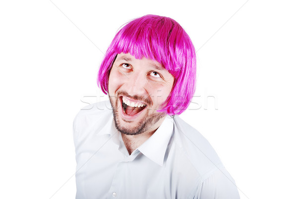 Funny male with periwig on head Stock photo © zurijeta