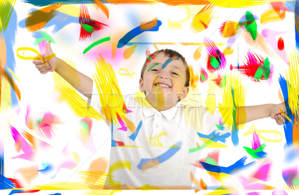 Happy child with thumbs up in colors, space, room Stock photo © zurijeta