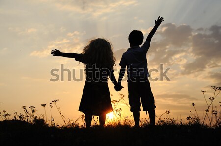 Silhueta grupo feliz crianças jogar prado Foto stock © zurijeta