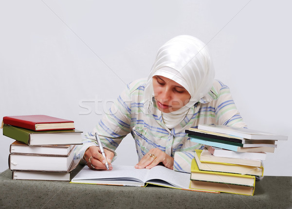 A young muslim woman in traditional clothes in education process Stock photo © zurijeta