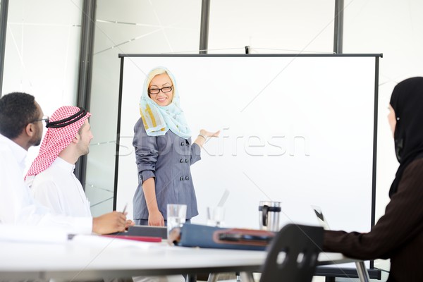 Arabic middle eastern woman having a business presentation with copy space board Stock photo © zurijeta