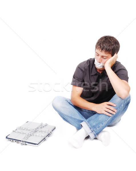 Man with isolated mouth and chained laptop Stock photo © zurijeta