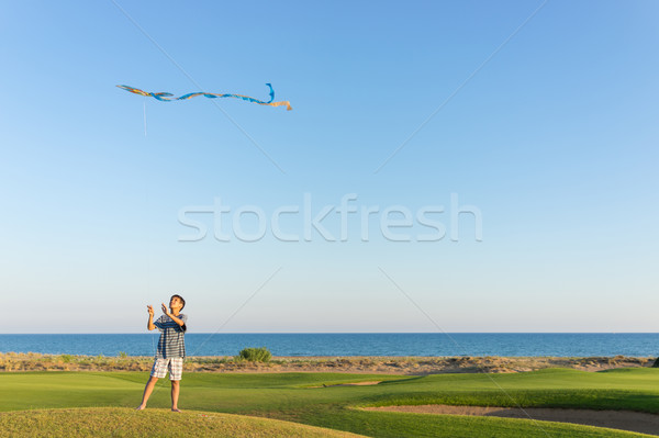Running with kite on summer holiday vacation, perfect meadow and Stock photo © zurijeta