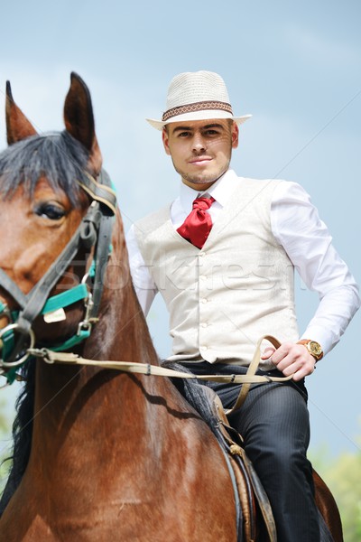 Young stylish man taking riding a horse on countryside Stock photo © zurijeta