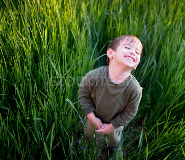 Smiling cute boy in summer grass Stock photo © zurijeta